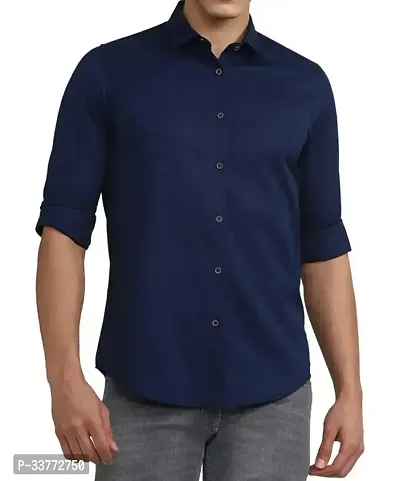 Stylish Navy Blue Polyester Solid Long Sleeves Shirt For Men-thumb0