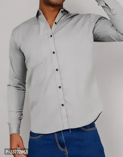 Stylish Grey Polyester Solid Long Sleeves Shirt For Men-thumb0