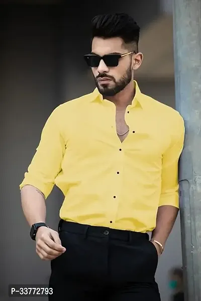 Stylish Yellow Polyester Solid Long Sleeves Shirt For Men-thumb0