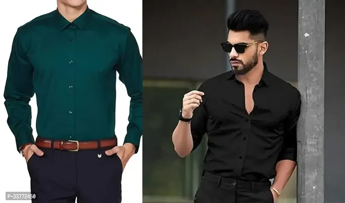 Stylish Multicoloured Polyester Solid Long Sleeves Shirt For Men Pack Of 2-thumb0