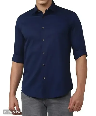 Stylish Navy Blue Polyester Solid Long Sleeves Shirt For Men-thumb0