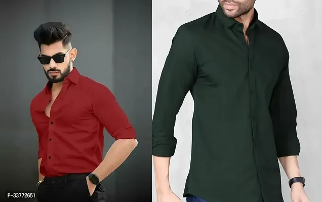 Stylish Multicoloured Polyester Solid Long Sleeves Shirt For Men Pack Of 2-thumb0