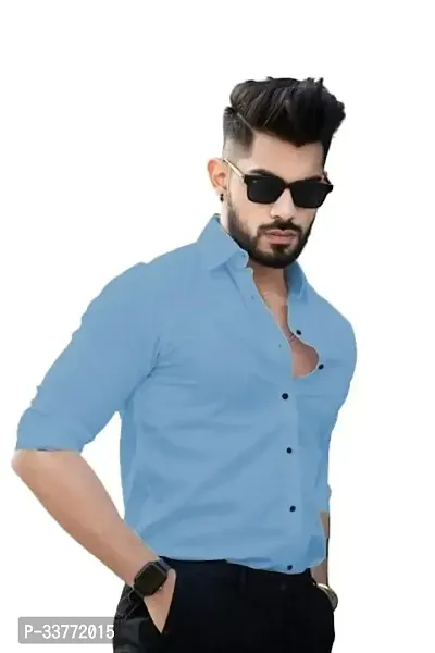 Stylish Blue Polyester Solid Long Sleeves Shirt For Men-thumb0