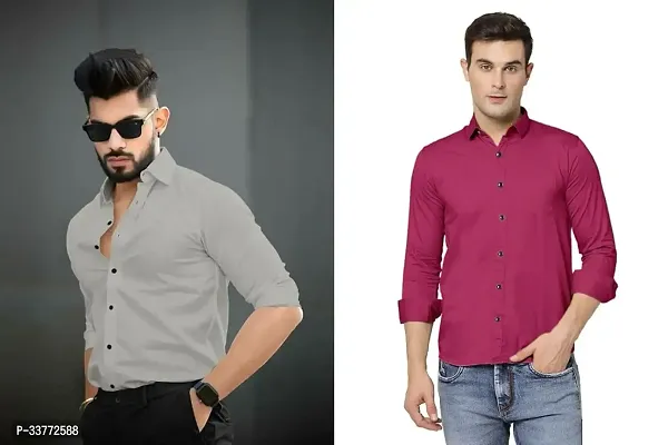 Stylish Multicoloured Polyester Solid Long Sleeves Shirt For Men Pack Of 2-thumb0