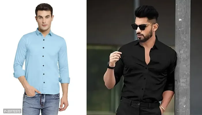 Stylish Multicoloured Polyester Solid Long Sleeves Shirt For Men Pack Of 2-thumb0