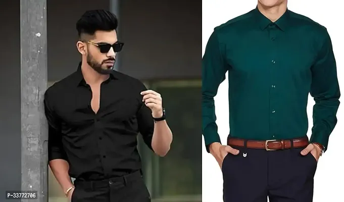 Stylish Multicoloured Polyester Solid Long Sleeves Shirt For Men Pack Of 2-thumb0