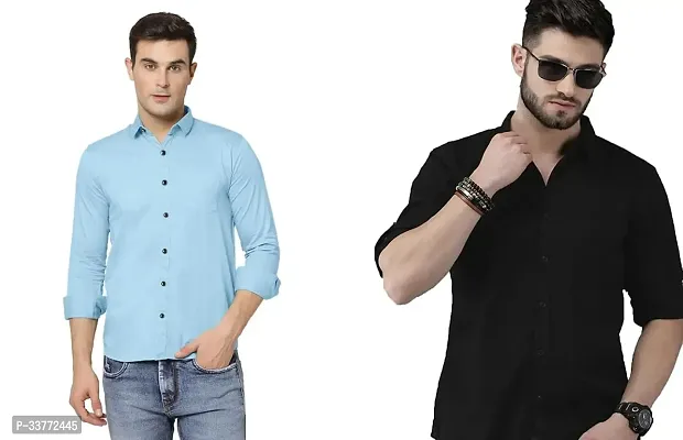 Stylish Multicoloured Polyester Solid Long Sleeves Shirt For Men Pack Of 2-thumb0