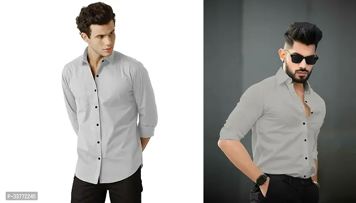 Stylish Grey Polyester Solid Long Sleeves Shirt For Men Pack Of 2-thumb0