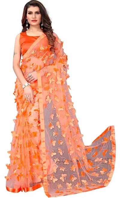 Elegant 3D Butterfly Embroidered Net Sarees with Blouse Piece