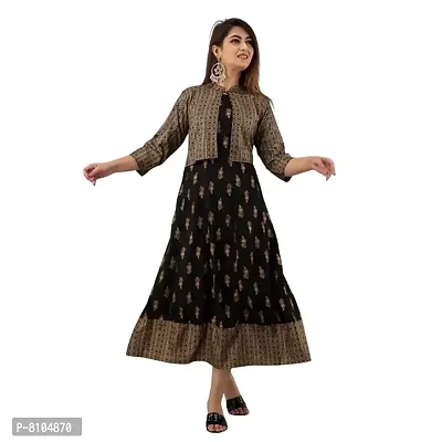 Women's Gold Printed Rayon Anarkali Kurta with Jacket || Rayon Printed Kurta for Women and Girl's (Color_Black, Size XL)-thumb0