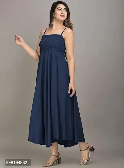 Women's Solid/Plain Rayon Fabric Sleeveless Shoulder Straps Flared A-Line Western Long Gown (Large, Navy_Blue)-thumb2