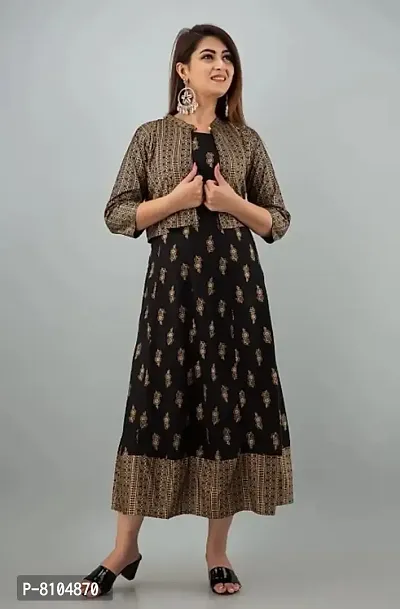 Women's Gold Printed Rayon Anarkali Kurta with Jacket || Rayon Printed Kurta for Women and Girl's (Color_Black, Size XL)-thumb4