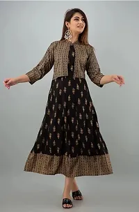 Women's Gold Printed Rayon Anarkali Kurta with Jacket || Rayon Printed Kurta for Women and Girl's (Color_Black, Size XL)-thumb1