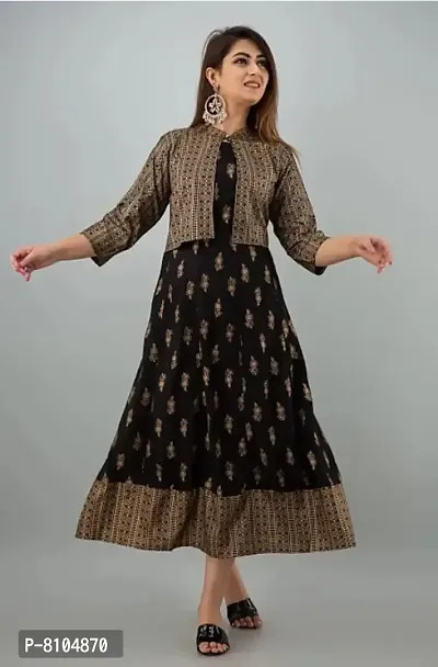 Women's Gold Printed Rayon Anarkali Kurta with Jacket || Rayon Printed Kurta for Women and Girl's (Color_Black, Size XL)-thumb2