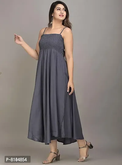 Women's Solid/Plain Rayon Fabric Sleeveless Shoulder Straps Flared A-Line Western Long Gown (Small, Grey)-thumb2