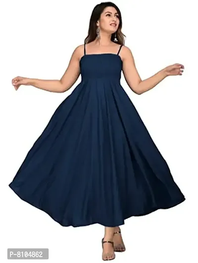 Women's Solid/Plain Rayon Fabric Sleeveless Shoulder Straps Flared A-Line Western Long Gown (Large, Navy_Blue)