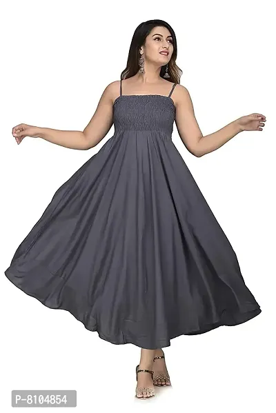 Women's Solid/Plain Rayon Fabric Sleeveless Shoulder Straps Flared A-Line Western Long Gown (Small, Grey)