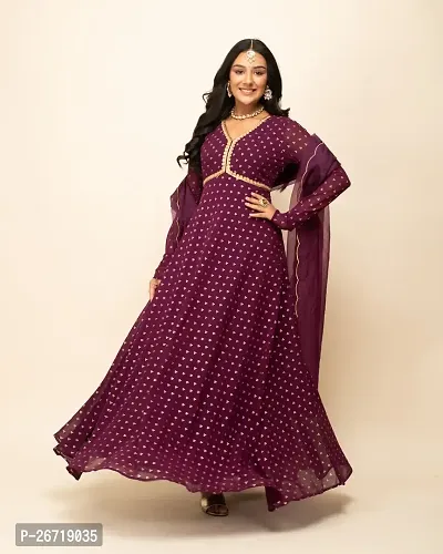 Women Wine Georgette Printed Gown With Dupatta-thumb5