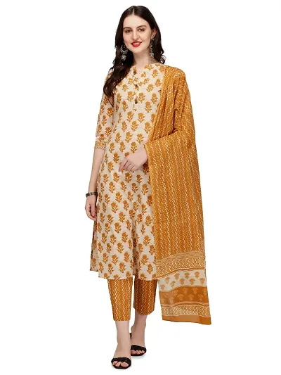 Straight Printed Cotton Kurta And Bottom With Dupatta Set