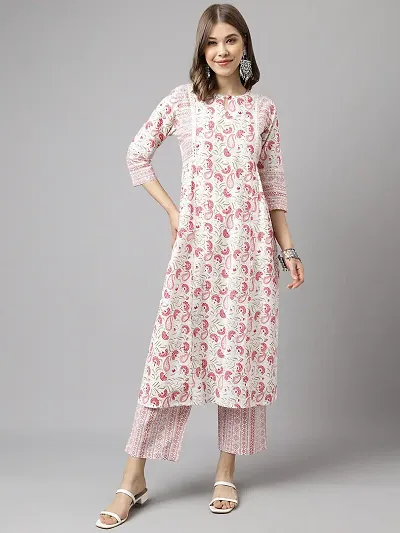 Stylish Cotton A-Line Printed Kurta With Bottom Set