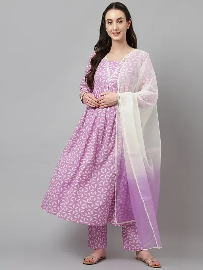 Stylish Cotton A-Line Printed Kurta With Bottom And Dupatta Set