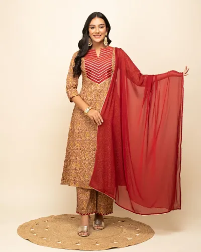 Stylish Cotton A-Line Printed Kurta With Bottom And Dupatta Set