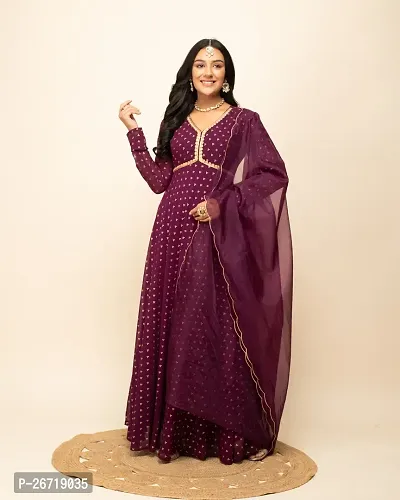 Women Wine Georgette Printed Gown With Dupatta-thumb0