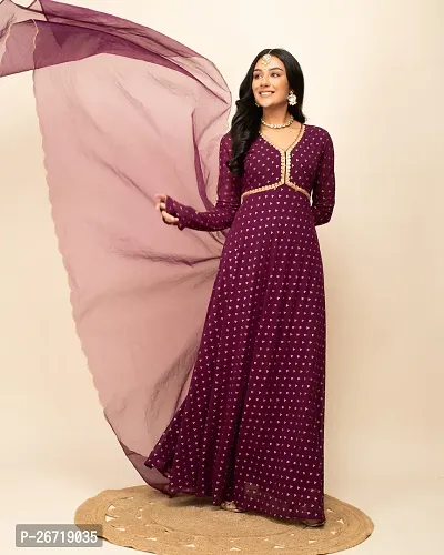 Women Wine Georgette Printed Gown With Dupatta-thumb2