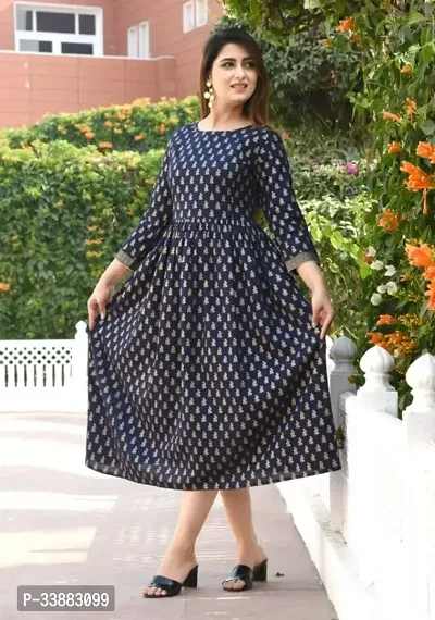 Stylish Navy Blue Rayon Printed Kurta For Women-thumb0