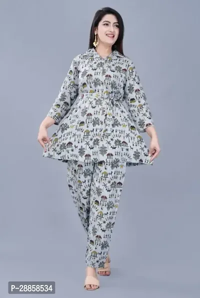 Fancy Grey Cotton Printed Co-Ords Sets For Women