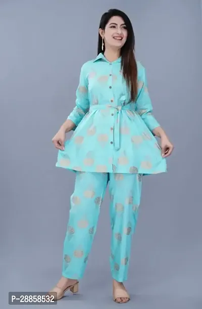 Fancy Turquoise Cotton Printed Co-Ords Sets For Women