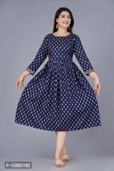 Stylish Navy Blue Rayon Printed Kurta For Women-thumb0