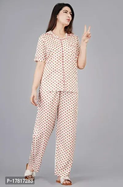 Rayon Printed Night Shirt Pajama Set For Women/Night Suit Set