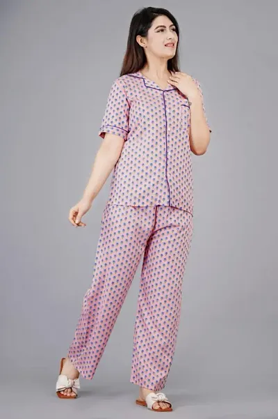 Alluring Rayon Printed Night Top with Pajama Set For Women