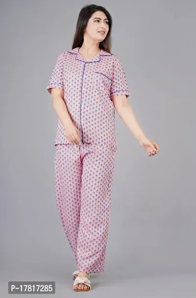 Rayon Printed Night Shirt Pajama Set For Women/Night Suit Set-thumb3
