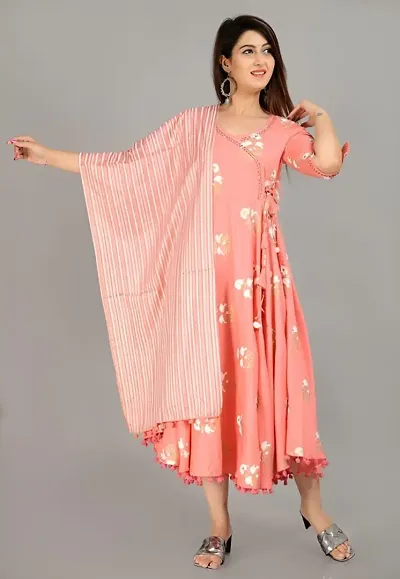 Fancy Rayon Slub Printed Kurta Dupatta Set