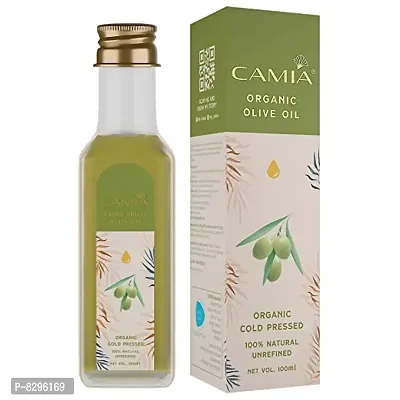 CAMIA Organic Cold Processed Olive Oil for Hair  Skin | 100% Pure, Unrefined, Undiluted | PETA Certified | GMO FREE, Hexane free | Comes in Glass bottle| 100ml