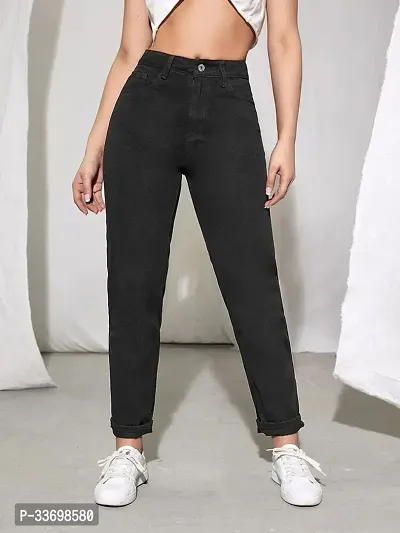 Stylish Black Denim Solid Jeans For Women-thumb0