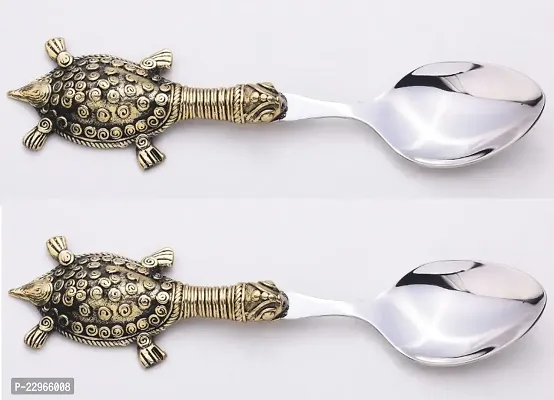 Long Tourtoise On Back Of The Spoon Silver With Golden Back Spoon Pack Of 2.-thumb0