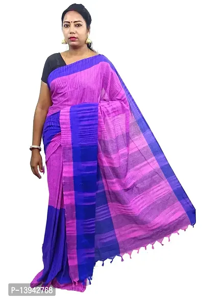PuJoy Women's Tant Cotton Saree with Blouse Piece (Purple)-thumb0