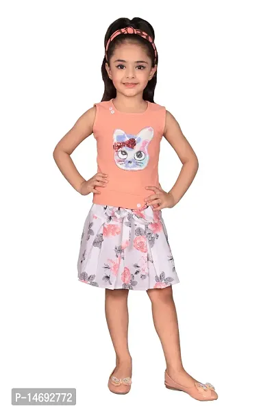 Fabulous Peach Cotton Blend Embellished Top With Bottom For Girls