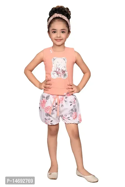 Fabulous Peach Cotton Blend Embellished Top With Bottom For Girls