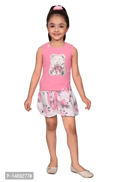 Fabulous Pink Cotton Blend Embellished Top With Bottom For Girls