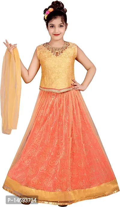 Alluring Orange Net  Lehenga Cholis For Girls