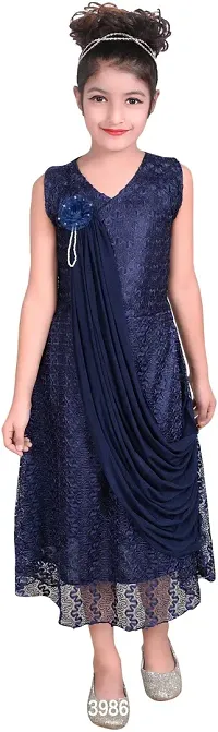 Navy Blue Net  Maxi Dress for Girls-thumb0