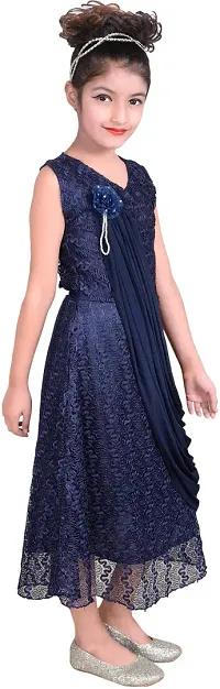 Navy Blue Net  Maxi Dress for Girls-thumb2