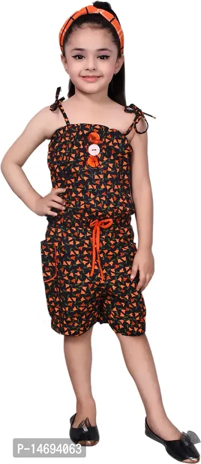 Fabulous Orange Cotton Blend  Capri Jumpsuit For Girls-thumb0