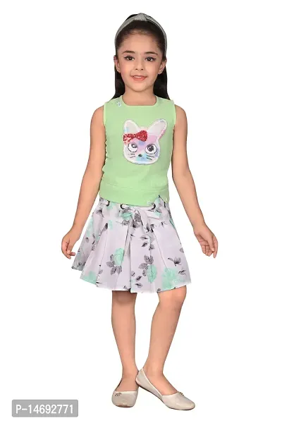 Fabulous Green Cotton Blend Embellished Top With Bottom For Girls