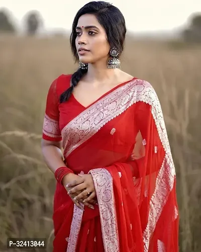 Stylish Red Crepe Printed Saree with Blouse piece For Women