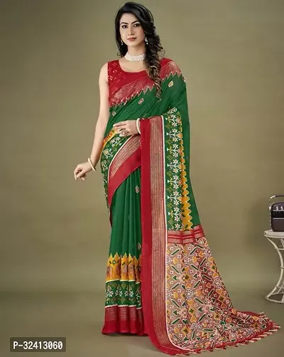 Stylish Green Crepe Printed Saree with Blouse piece For Women